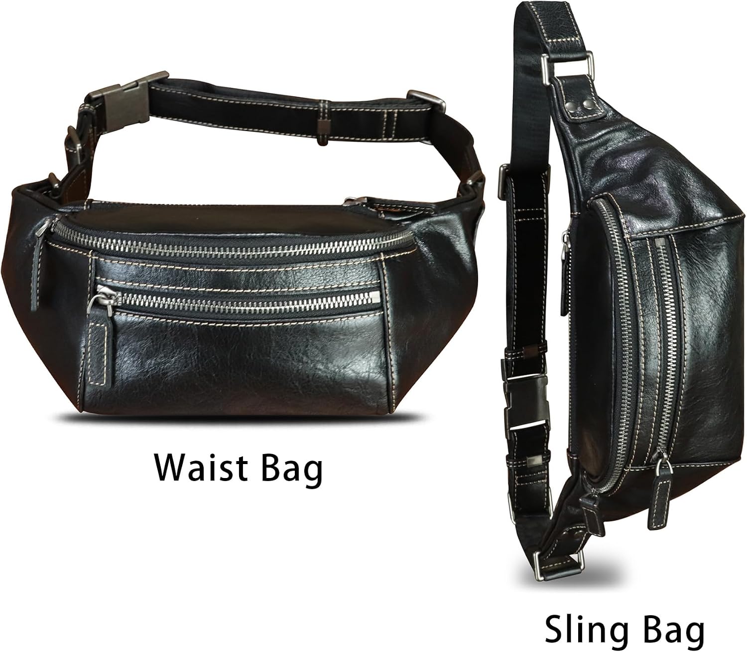 Genuine Leather Fanny Pack for Women and Men Vintage Real Leather Waist Bag Hip Bum Crossbody Sling Bags (Black)