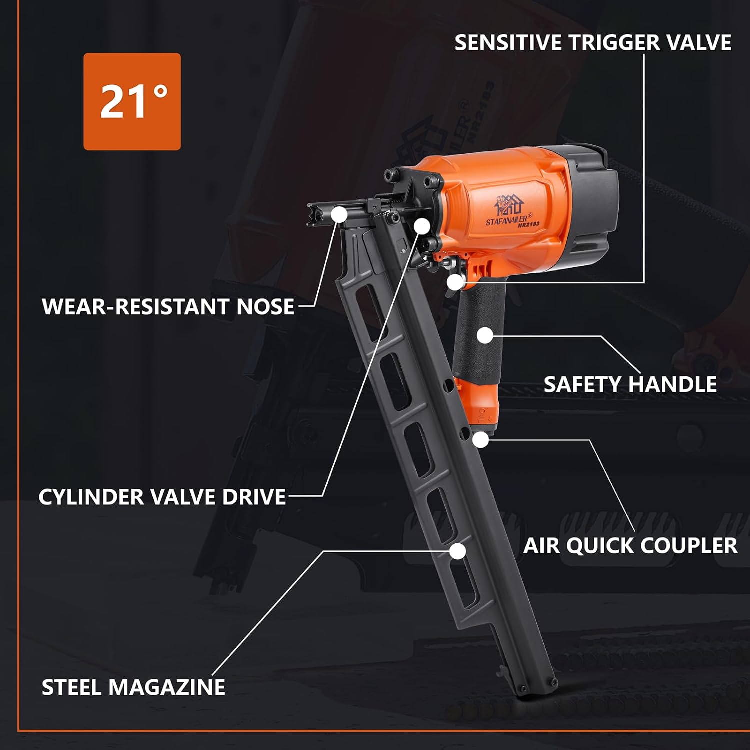 NR2183 High Speed Framing Nailer, 21 Degree Pneumatic Framing nail gun, 2-Inch up to 3-1/4-Inch Plastic Collated Full Head Framing Nails, Framing, Wooden House Building