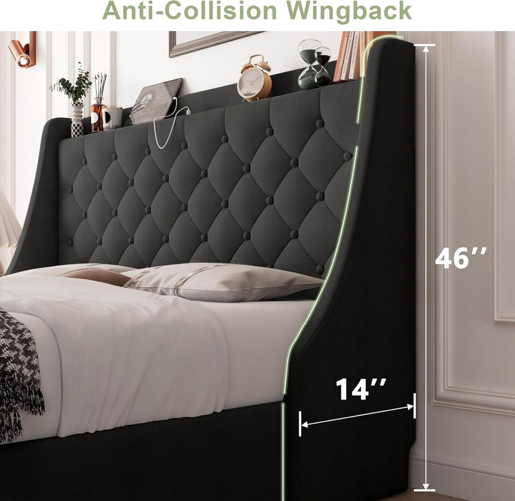 Feonase Upholstered Full Size Bed Frame with 4 Storage Drawers, Large Wingback Storage Headboard, No Box Spring Needed, Black