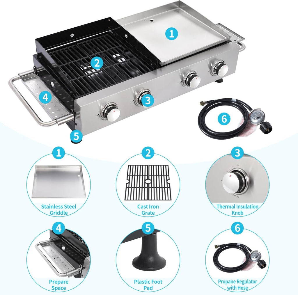 4 Burner Portable Gas Grill Griddle Combo, Flat Top Propane Grill with Leg, Tabletop BBQ Grill 40,000 BTUs Output for Backyard Camping Tailgating or Outdoor Cooking
