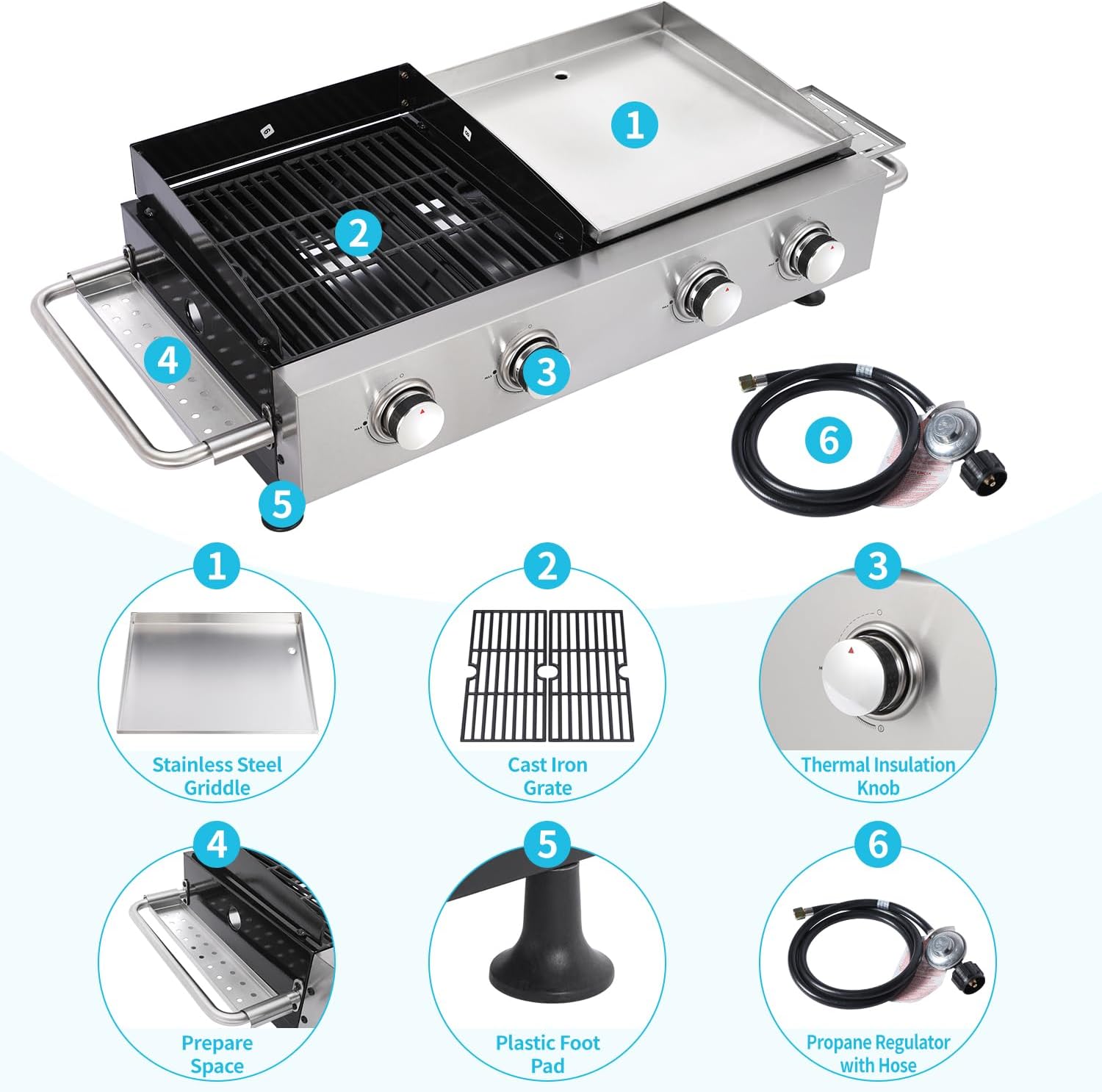 4 Burner Portable Gas Grill Griddle Combo, Flat Top Propane Grill with Leg, Tabletop BBQ Grill 40,000 BTUs Output for Backyard Camping Tailgating or Outdoor Cooking