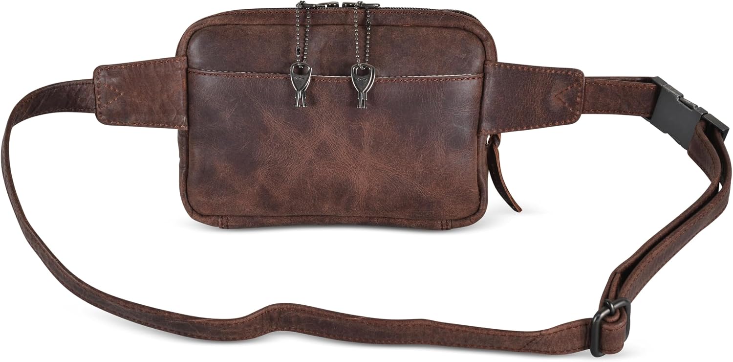Kailey Concealed Self Defence Waist Bag by Lady Conceal - Buffalo/Suede Cowhide Leather, 3 Open Sides & Locking Zippers with Universal Holster (Mahogany w/Studs) - 8' L x 5.5' H x 2.25'