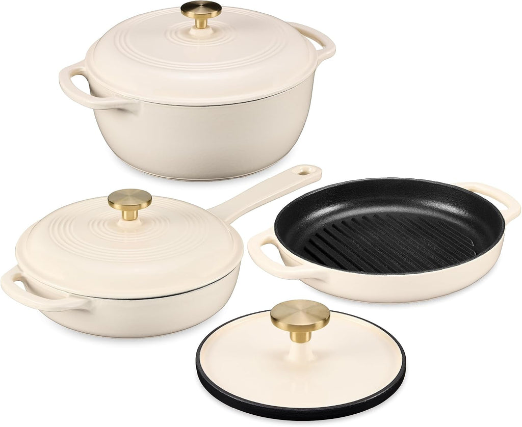 Best Choice Products Non-Stick Pot & Pan Cookware Set, Cast Iron, 2Qt Skillet W/Lid, 10' Grill Or Griddle Pan W/Press, 6Qt Enameled Dutch Oven, Non-toxic, For Cooking & Grilling - Vanilla