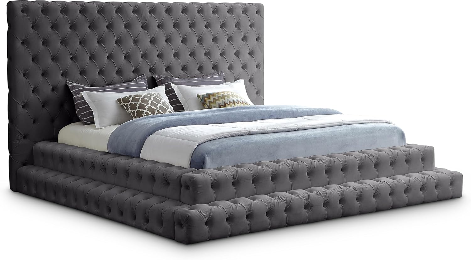 Meridian Furniture RevelGrey-K Revel Collection Modern | Contemporary Grey Velvet Upholstered Bed with Deep Button Tufting, 101' W x 98' D x 60' H, Grey, King