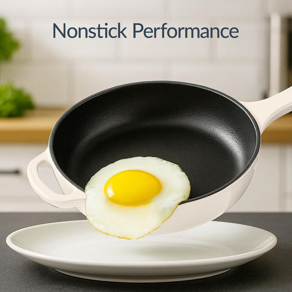 Best Choice Products Non-Stick Pot & Pan Cookware Set, Cast Iron, 2Qt Skillet W/Lid, 10' Grill Or Griddle Pan W/Press, 6Qt Enameled Dutch Oven, Non-toxic, For Cooking & Grilling - Vanilla