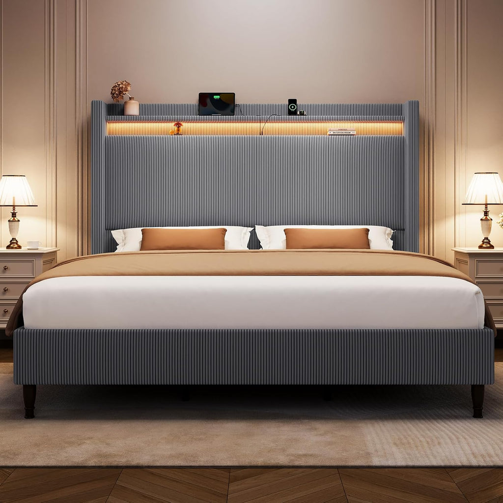 King Bed Frame with 55.3' Tall Headboard, Corduroy Upholstered Platform Bed with LED Lights & Charging Station, Wingback Storage Headboard, Solid Wood Slats,Noise Free,No Box Spring Needed,Dark Grey