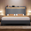 King Bed Frame with 55.3' Tall Headboard, Corduroy Upholstered Platform Bed with LED Lights & Charging Station, Wingback Storage Headboard, Solid Wood Slats,Noise Free,No Box Spring Needed,Dark Grey