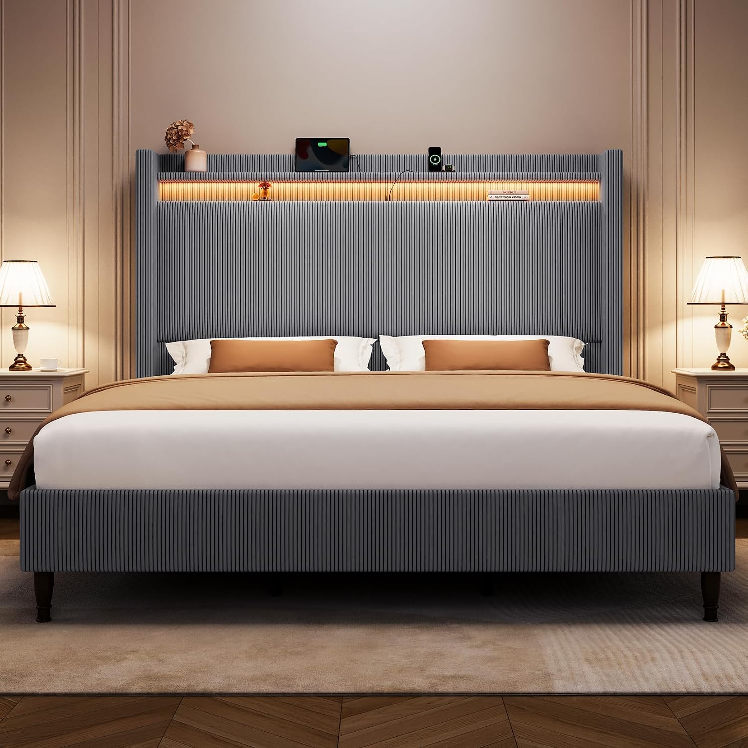 King Bed Frame with 55.3' Tall Headboard, Corduroy Upholstered Platform Bed with LED Lights & Charging Station, Wingback Storage Headboard, Solid Wood Slats,Noise Free,No Box Spring Needed,Dark Grey