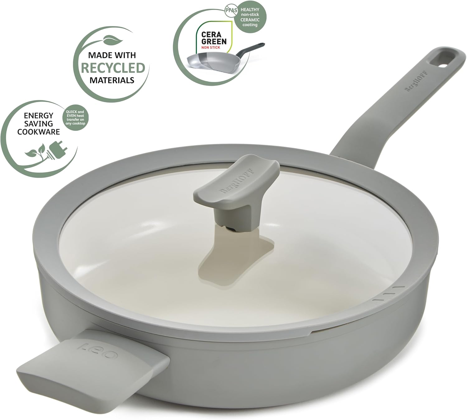 BergHOFF Balance Nonstick Ceramic Sauté Pan 10.25in, 3.1qt. with Glass Lid, Recycled Aluminum, CeraGreen Non-toxic Coating, Stay-cool Long Handle, Induction Pan, Moonmist