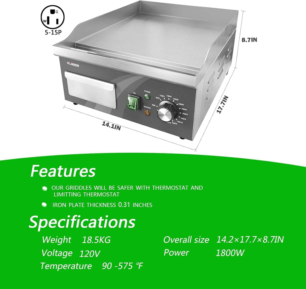 Electric Griddle, 14 Inch Flat Top Grill Commercial Electric Griddles Stainless Steel Adjustable Temperature Control 90℉-575℉ for Home or Restaurant Use