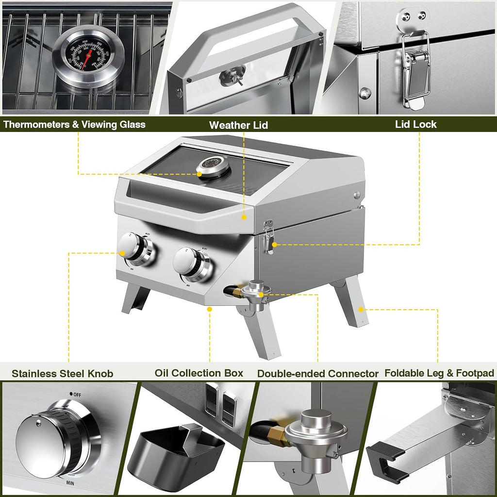 BESTFIRE 2-in-1 Portable Propane Grill, 20,000 BTU 2-Burner Tabletop Gas Grill for Camping & RV, Stainless Steel BBQ with Viewing Glass Lid, Thermometer & Dual-Gas Connection