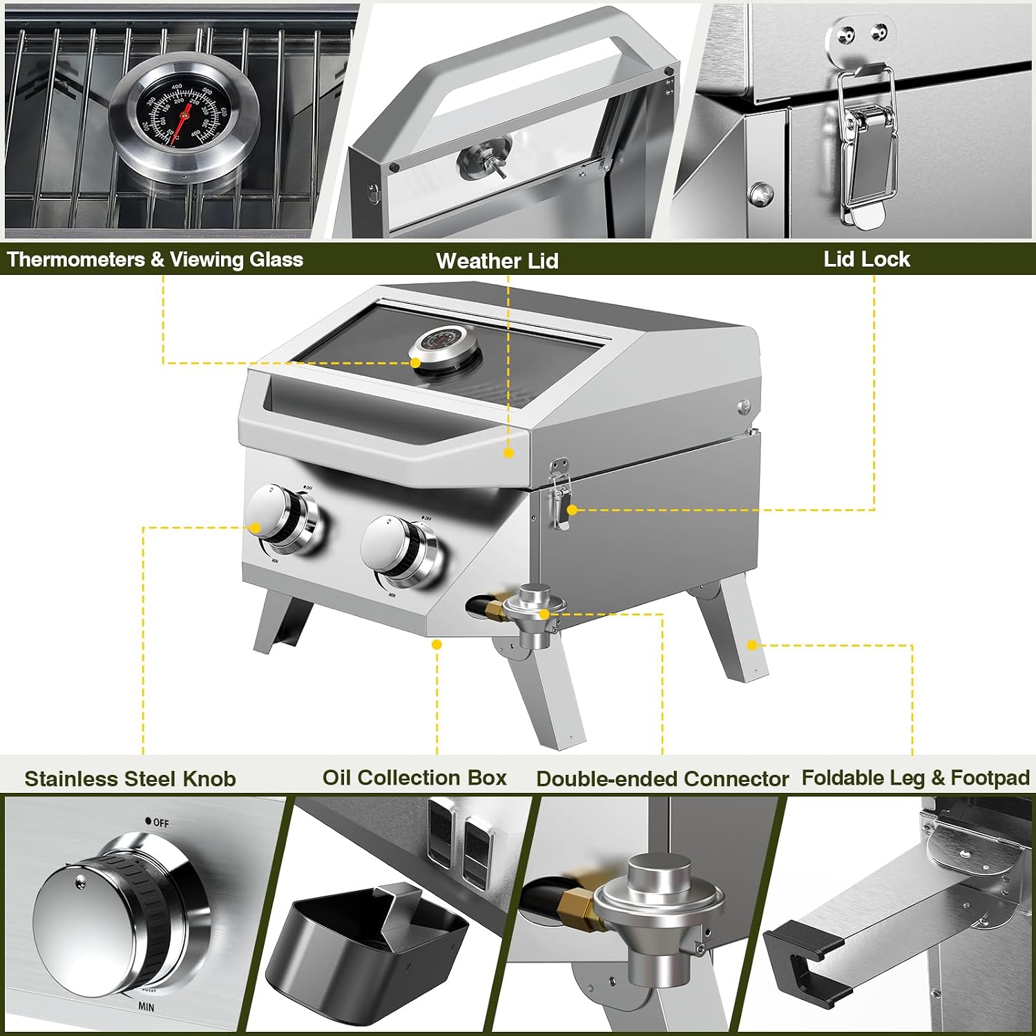 BESTFIRE 2-in-1 Portable Propane Grill, 20,000 BTU 2-Burner Tabletop Gas Grill for Camping & RV, Stainless Steel BBQ with Viewing Glass Lid, Thermometer & Dual-Gas Connection