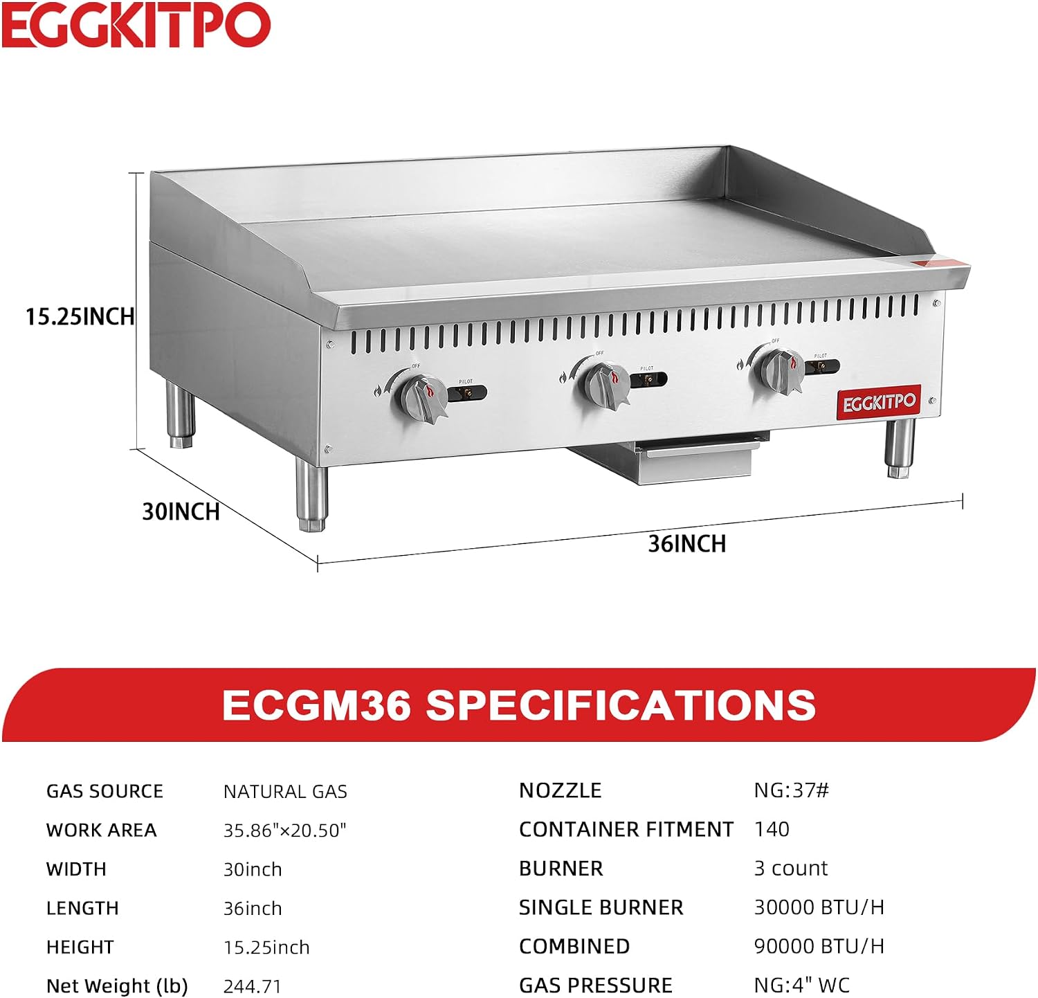 EGGKITPO 36 Inch CSA Certified Commercial Propane/Natural Gas Griddle Manual Controls 90,000 BTU Countertop Flat Top Grill Hot Plate with Independeent Knob 3 Burners Teppanyaki Grill for Restaurant