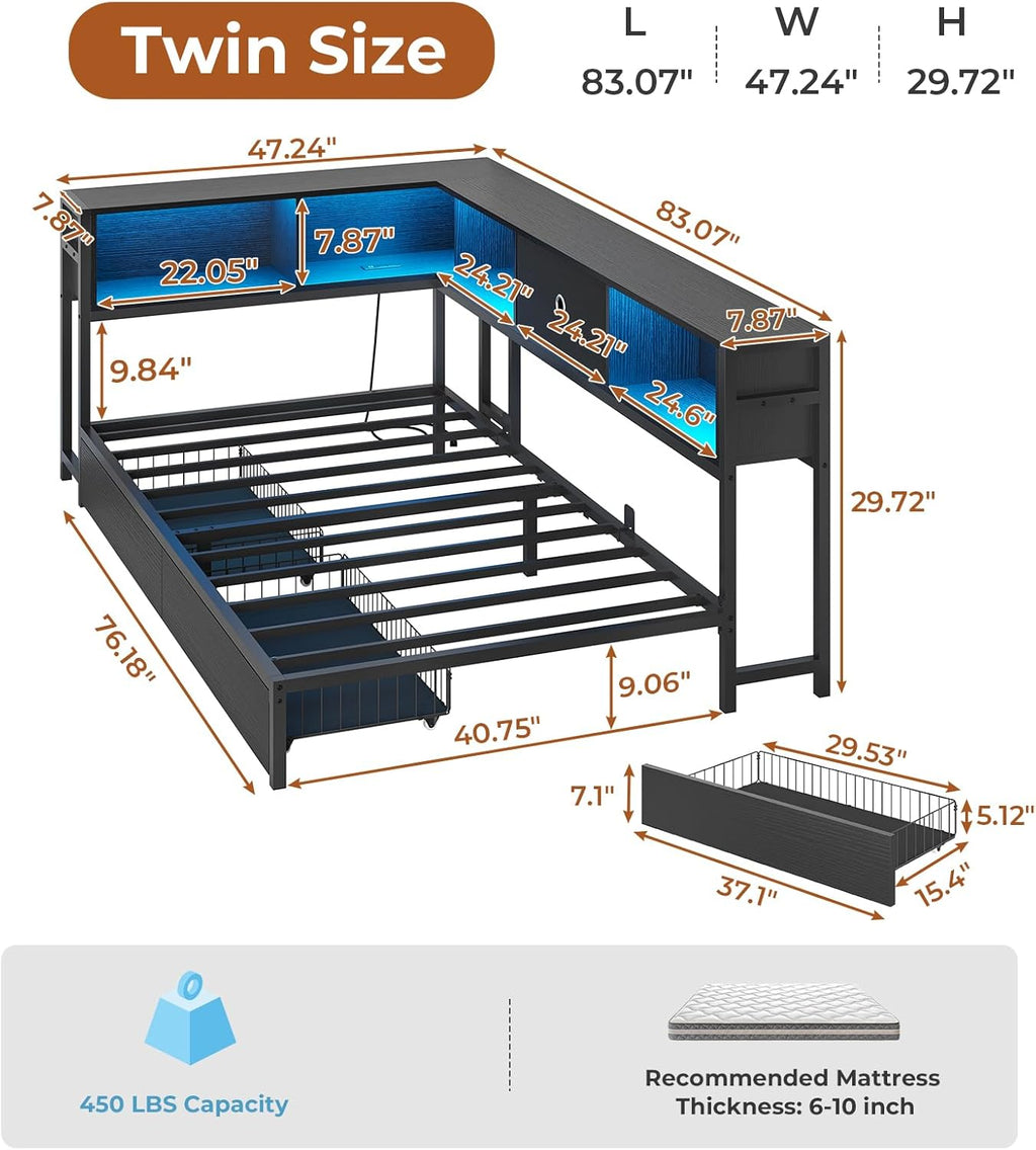 DICTAC Twin Corner Bed Frame with Bookcase Storage and Led Lights Twin Size Metal Platform Bed Frames with Storage Drawers and Charging Station Twin Size Daybed for Kids and Teen,Kids Bed Frame,Black