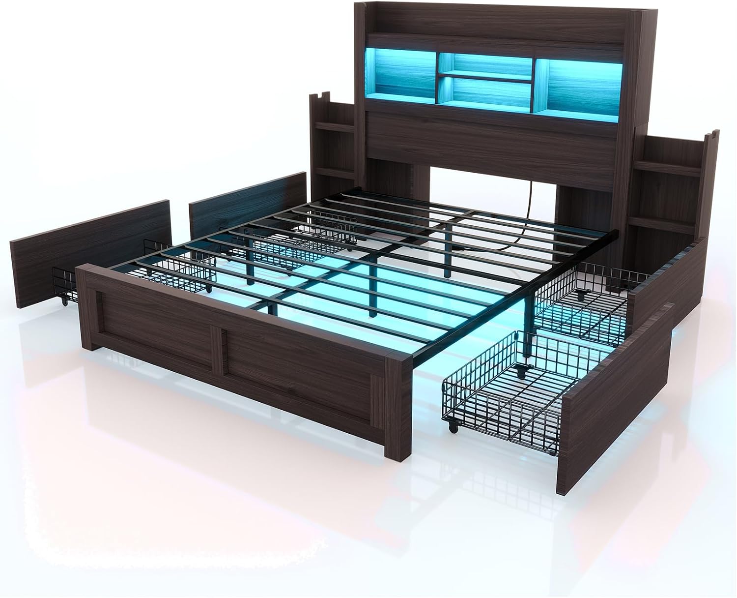 LUXOAK Full Bed Frame with 49.6' Bookcase Headboard & 2 Bedside Stoage Racks & 4 Drawers, Farmhouse Wood Bed Frame with RGB LED & Charging Station, No Box Spring Needed, Black