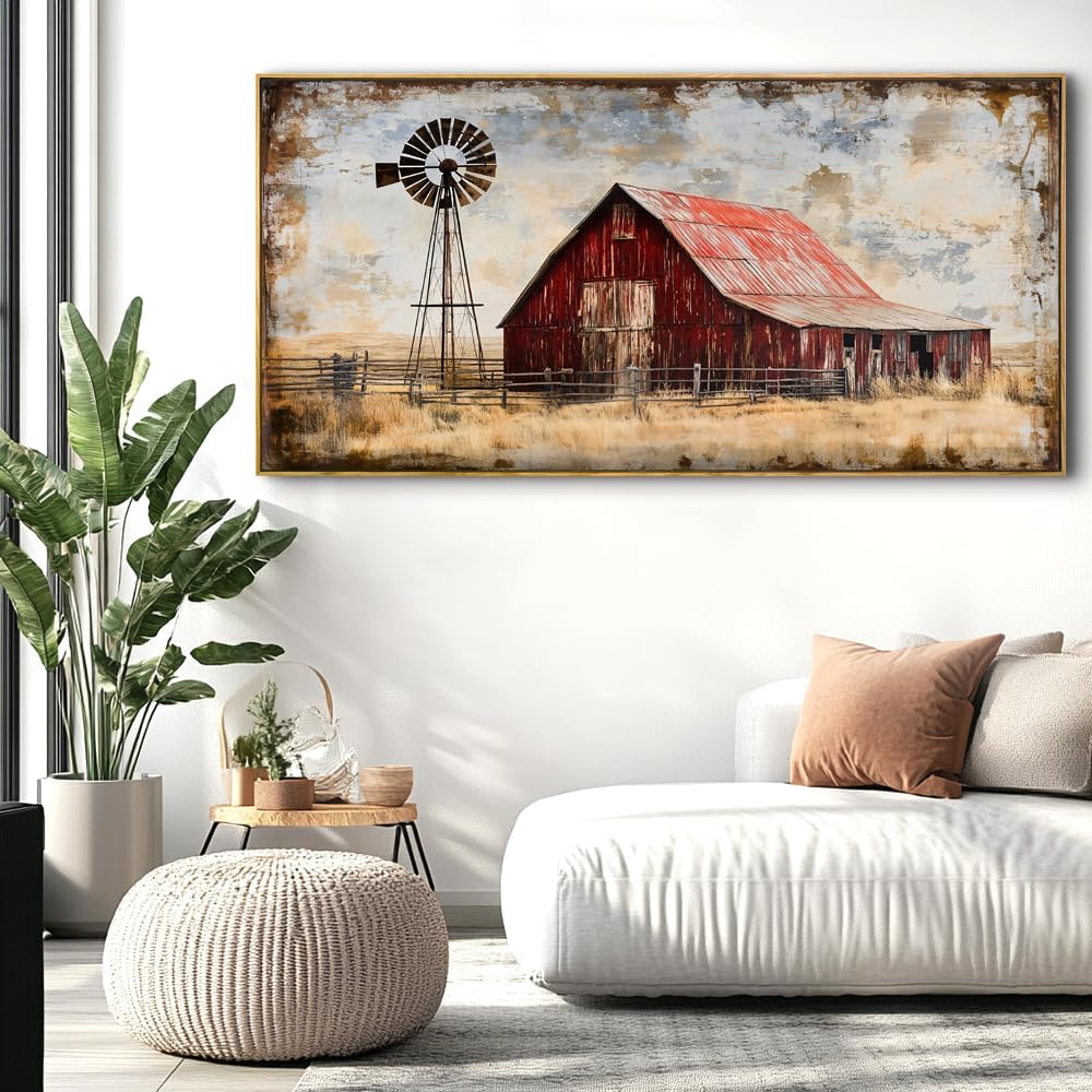 Abstract Farm Landscape Wall Art - Large Framed Canvas Painting for Living Room, Bedroom, Modern Artwork Decor - 60x30 Inch Ready-to-Hang