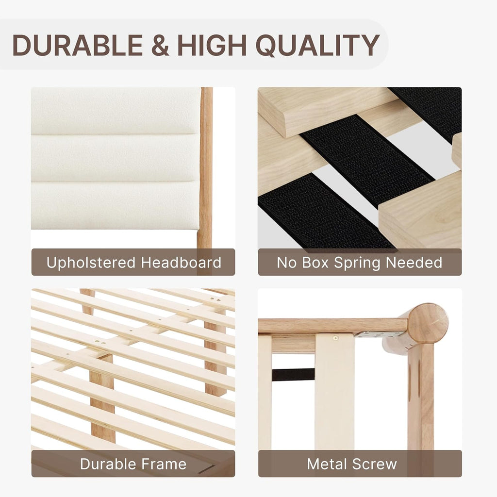 KISLOT Wood Bed Frame with Upholstered Headboard Wooden Platform with Silent Slat Support Mattress Foundation No Box Spring Needed, Easy Assembly