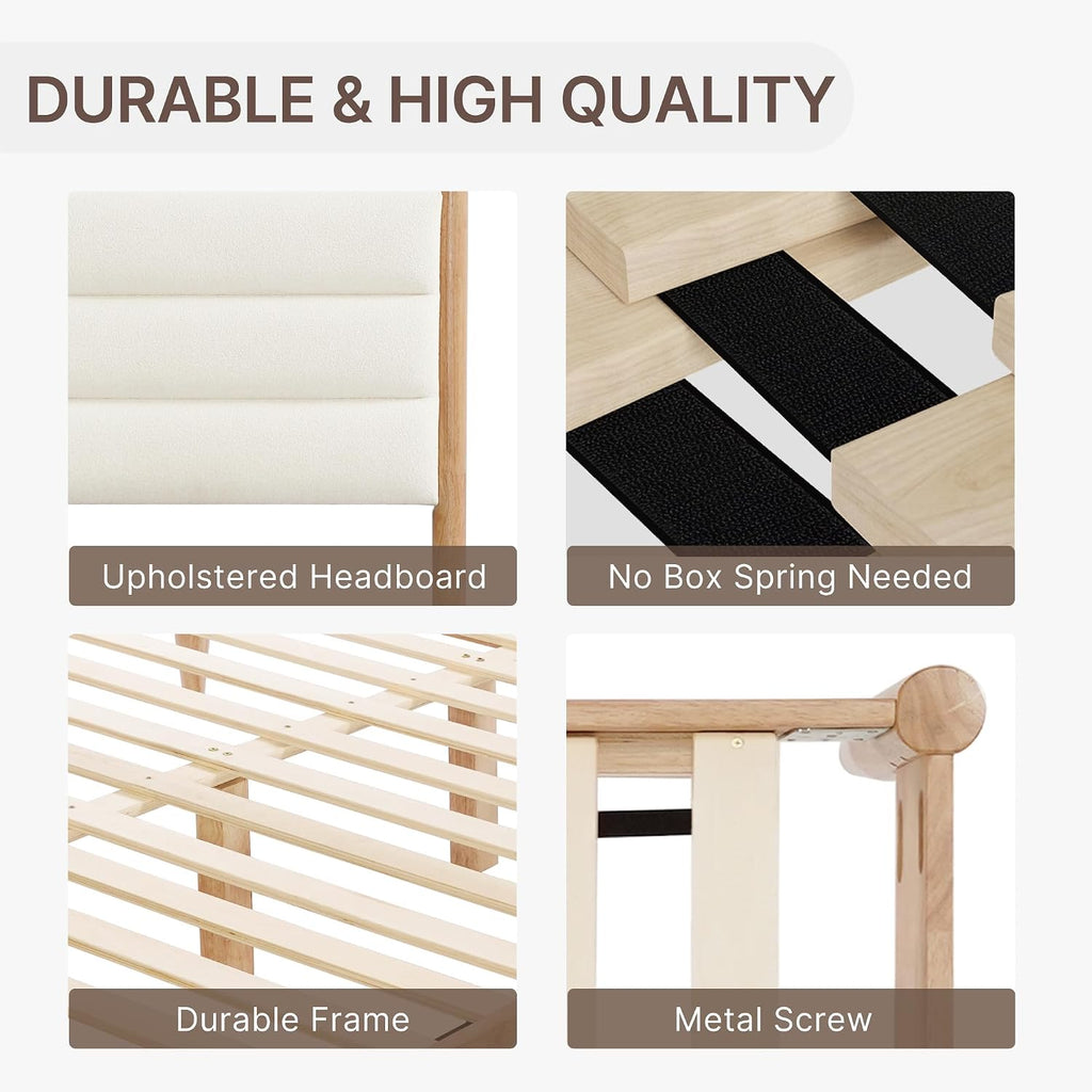 KISLOT Wood Bed Frame with Upholstered Headboard Wooden Platform with Silent Slat Support Mattress Foundation No Box Spring Needed, Easy Assembly
