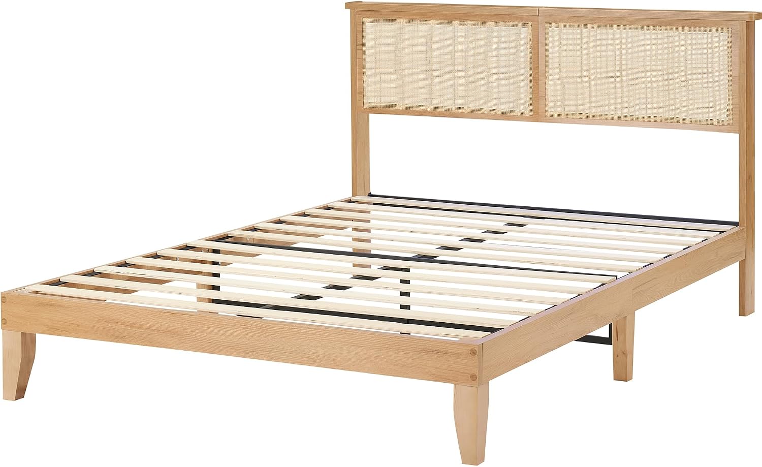 coucheta Rattan Bed Frame Full with Natural Rattan Headboard,Bohemian Rattan Bed Frame with LED Lights,Solid Wood Foundation with Silent Slats,No Box Spring Needed (Full)