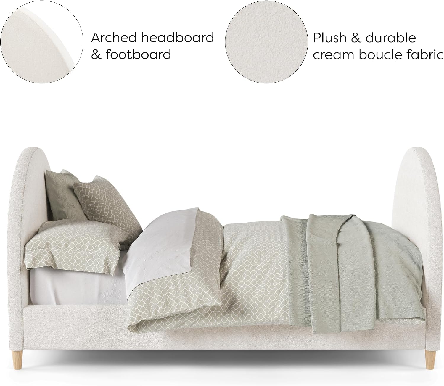 DG Casa Boucle Cloud Daybed Frame with Arched Side Panels, Upholstered in Cream White Fabric, Twin Platform Bed Frame with Solid Wood Legs – Boho or Modern Style – No Box Spring Needed