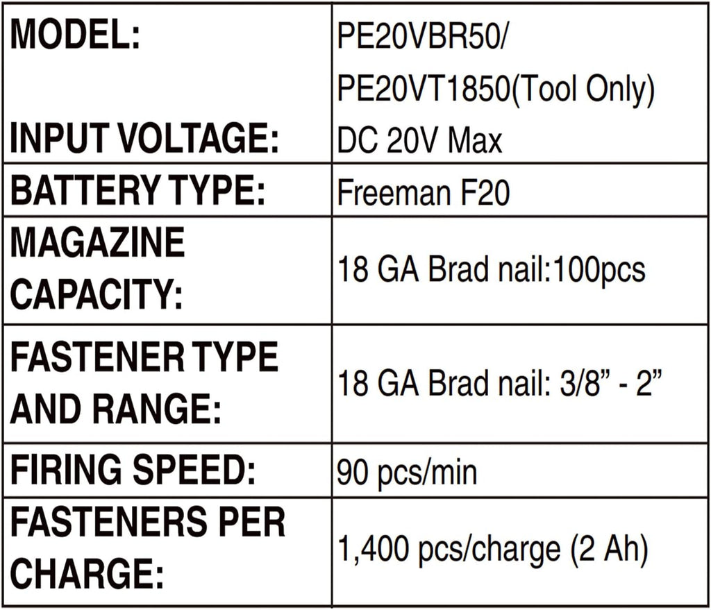 Freeman PE20VBR50 20 Volt Cordless 18-Gauge 2' Brad Nailer Kit with Lithium Ion Battery, Charger, Bag, and Nails (500 Count) – 1400 Shots per Charge