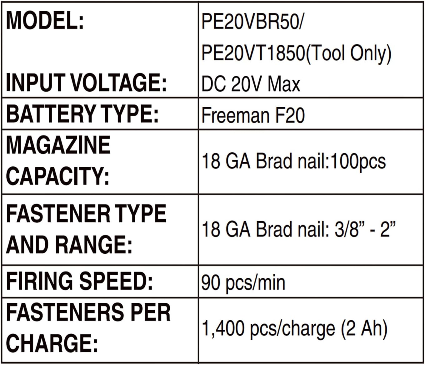 Freeman PE20VBR50 20 Volt Cordless 18-Gauge 2' Brad Nailer Kit with Lithium Ion Battery, Charger, Bag, and Nails (500 Count) – 1400 Shots per Charge