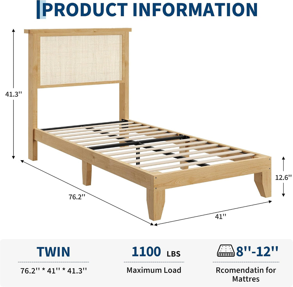 IDEALHOUSE Rattan Bed Frame Twin Size with Natural Rattan Headboard & LED Lights, Wood Twin Bed Frame with Solid Wood Foundation, No Box Spring Needed, Natural
