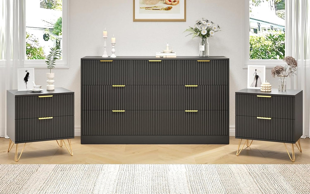 7 Drawer Dresser and Nightstand Sets, 3 Pcs Bedroom Set for Bedroom, Fluted Night Stand Set of 2 & 55' Wide Dresser w/Gold Handles, Modern Wood Chest of Drawers Storage Cabinet Set, Black