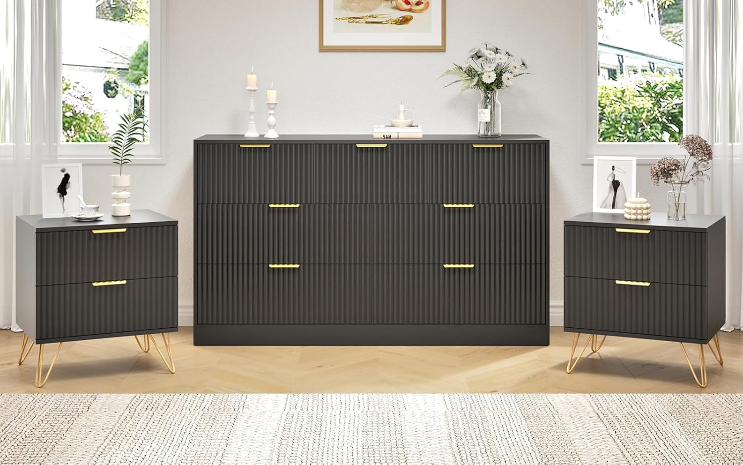 7 Drawer Dresser and Nightstand Sets, 3 Pcs Bedroom Set for Bedroom, Fluted Night Stand Set of 2 & 55' Wide Dresser w/Gold Handles, Modern Wood Chest of Drawers Storage Cabinet Set, Black