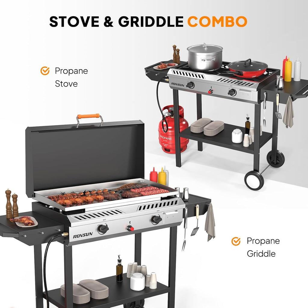 ROVSUN 2-in-1 Propane Stove & 30'' Griddle Combo with Ignition, 2 Burner 150,000 BTU Gas Stove & Grill with Side Shelves, Rolling Wheel & Regulator for Home Outdoor Backyard Camping Cooking Grilling