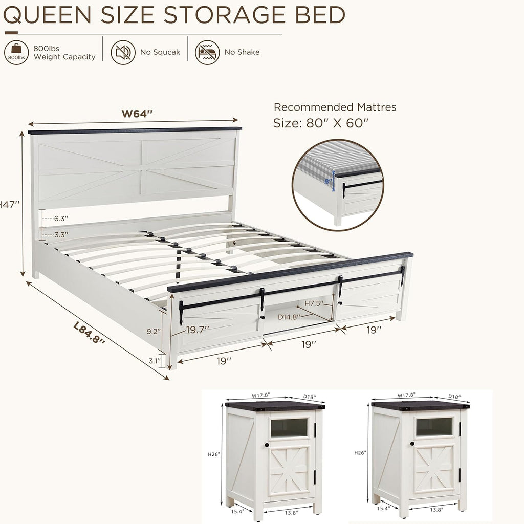 JXQTLINGMU 3 Pieces Farmhouse Bedroom Set-Queen Size Bed with 2 Nightstands of Sliding Barn Door Storage Cabinets, Solid Wood Slats Support, Noiseless, No Box Spring Needed, Off White