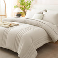CozyLux Super King Plus Comforter Set Beige - 7 Pieces Bed in a Bag, Modern Vertical Quilted Room Decor, Soft All-Season Bedding Gift with Comforter, Sheets, Pillowcases & Shams
