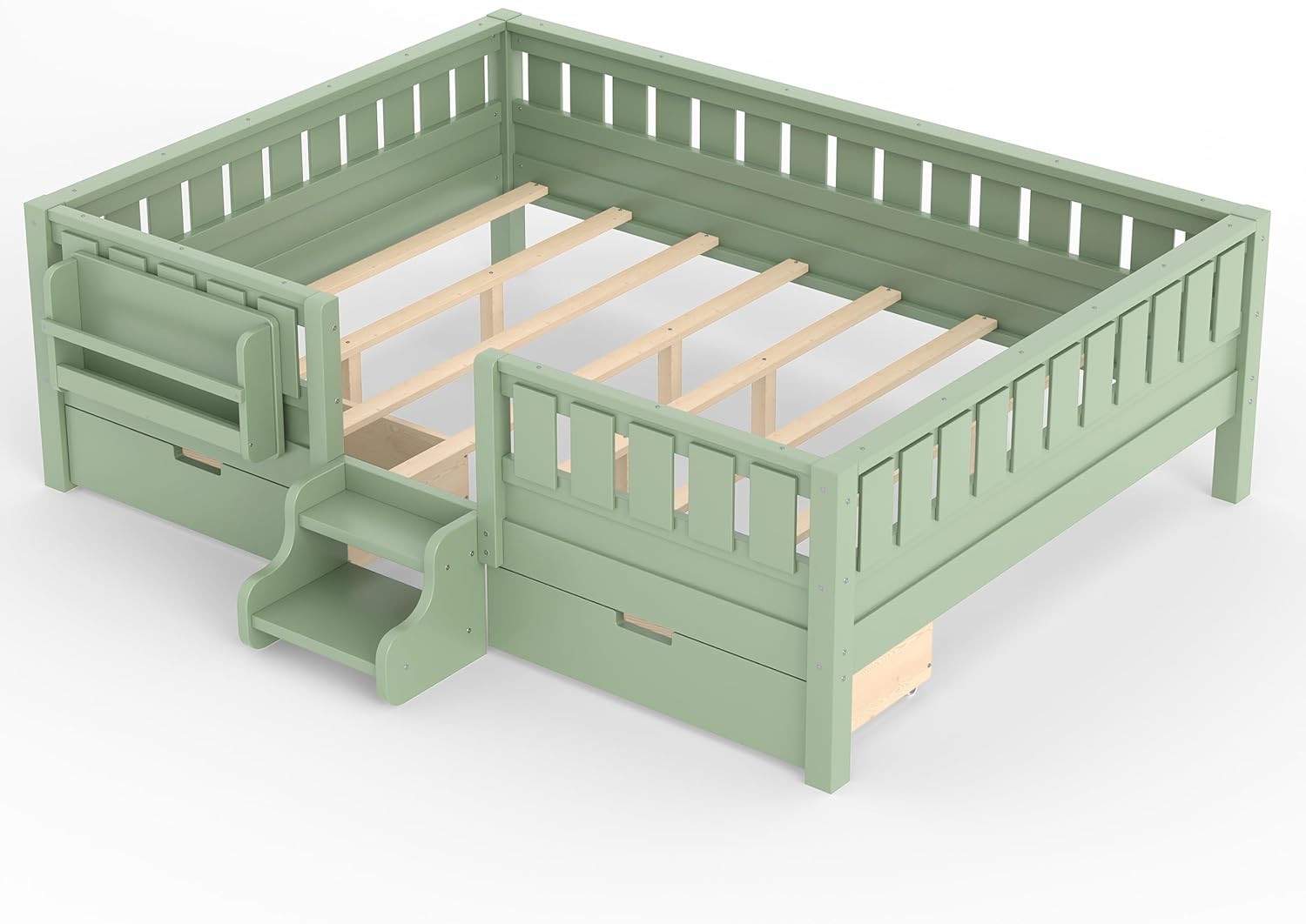 Bellemave Queen Size Montessori Bed with Stairs, Rails and Slats, Queen Size Montessori Floor Bed with Bookshelf and 2 Storage Drawers, Easy Assemble Beds Frame for Girls, Boys, Avocado Green