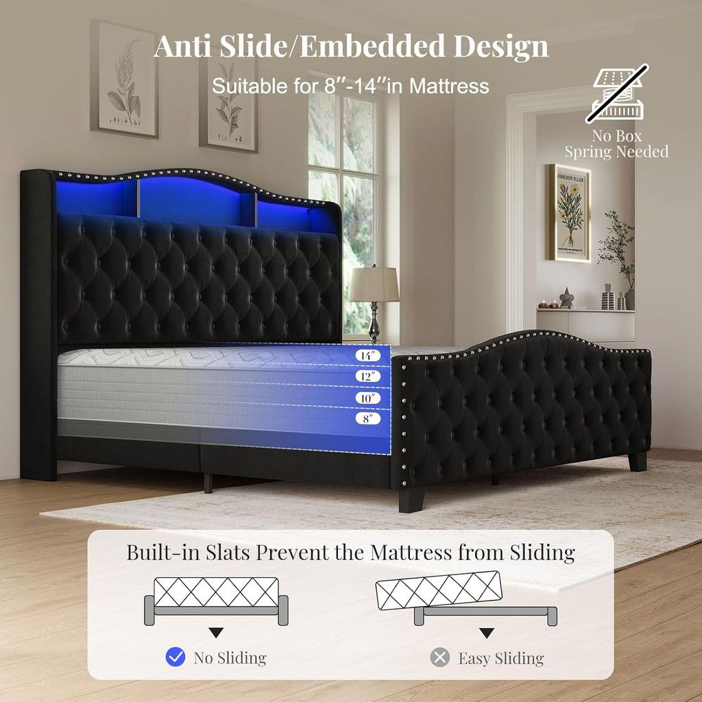 Belffin King Size Bed Frame and Headboard, 50.9' Velvet Upholstered Wingback Bedframe with LED Lights & Storage/Charging Station, Button Tufted Tall Footboard, No Box Spring Needed, Noise-Free, Black