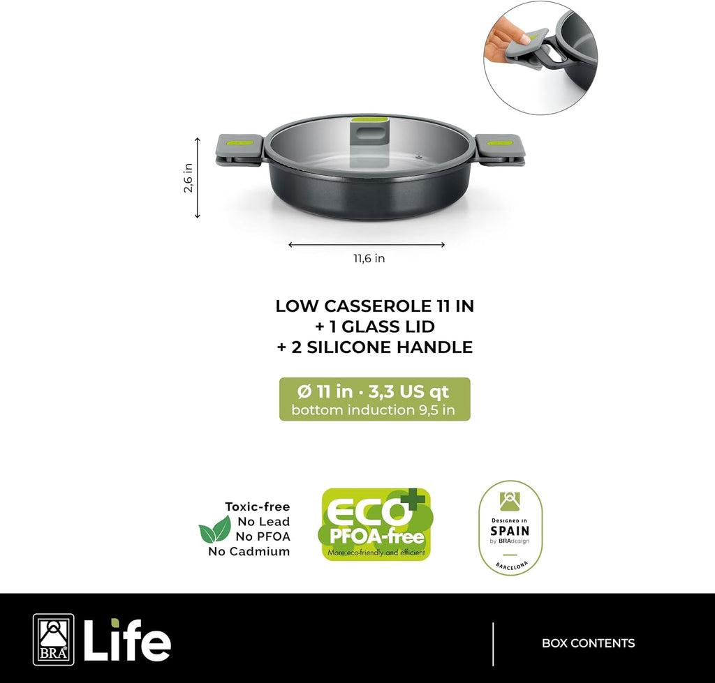 BRA COOKWARE Life 12-Piece Ceramic Cookware Set | Recycled Cast Aluminum Pots & Pans Set w/ 2 Pots, 1 Sauté Pan, 3 Pans, 1 Saucepan, 1 Grill, 4 Lids | Ceramic Non-Stick Coating | All Stovetops