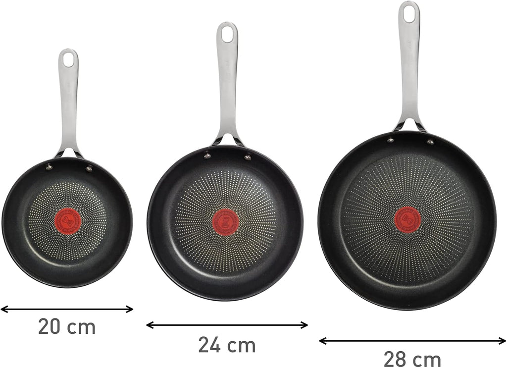 T-Fal x Jamie Oliver Nonstick Coated Stainless Steel Pans 8', 9.5' & 11', Frypan Set Induction Compatible, Oven Safe up to 500°F, Chef's Stainless Steel Skillet, Frying Pan, Silver