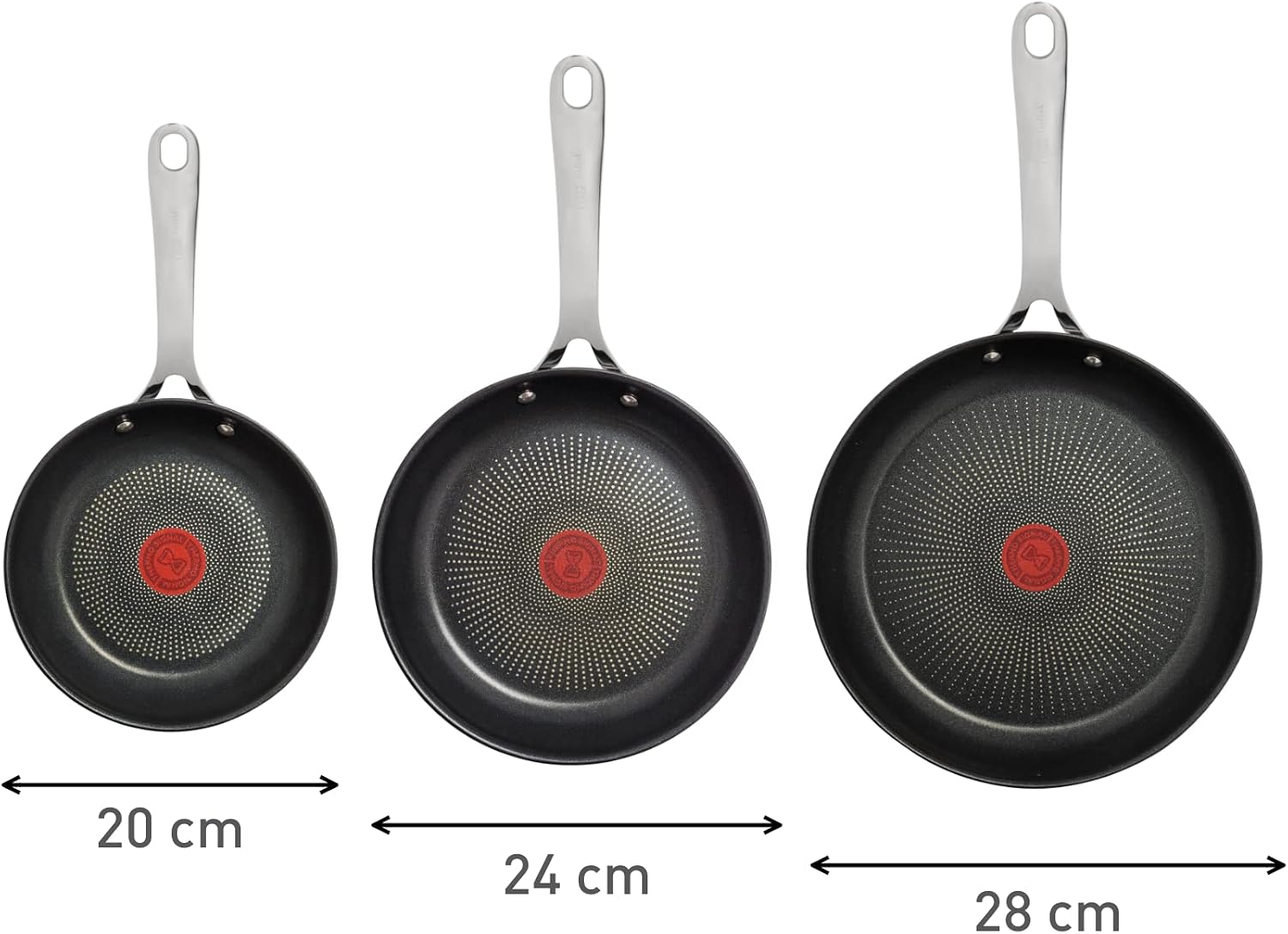 T-Fal x Jamie Oliver Nonstick Coated Stainless Steel Pans 8', 9.5' & 11', Frypan Set Induction Compatible, Oven Safe up to 500°F, Chef's Stainless Steel Skillet, Frying Pan, Silver