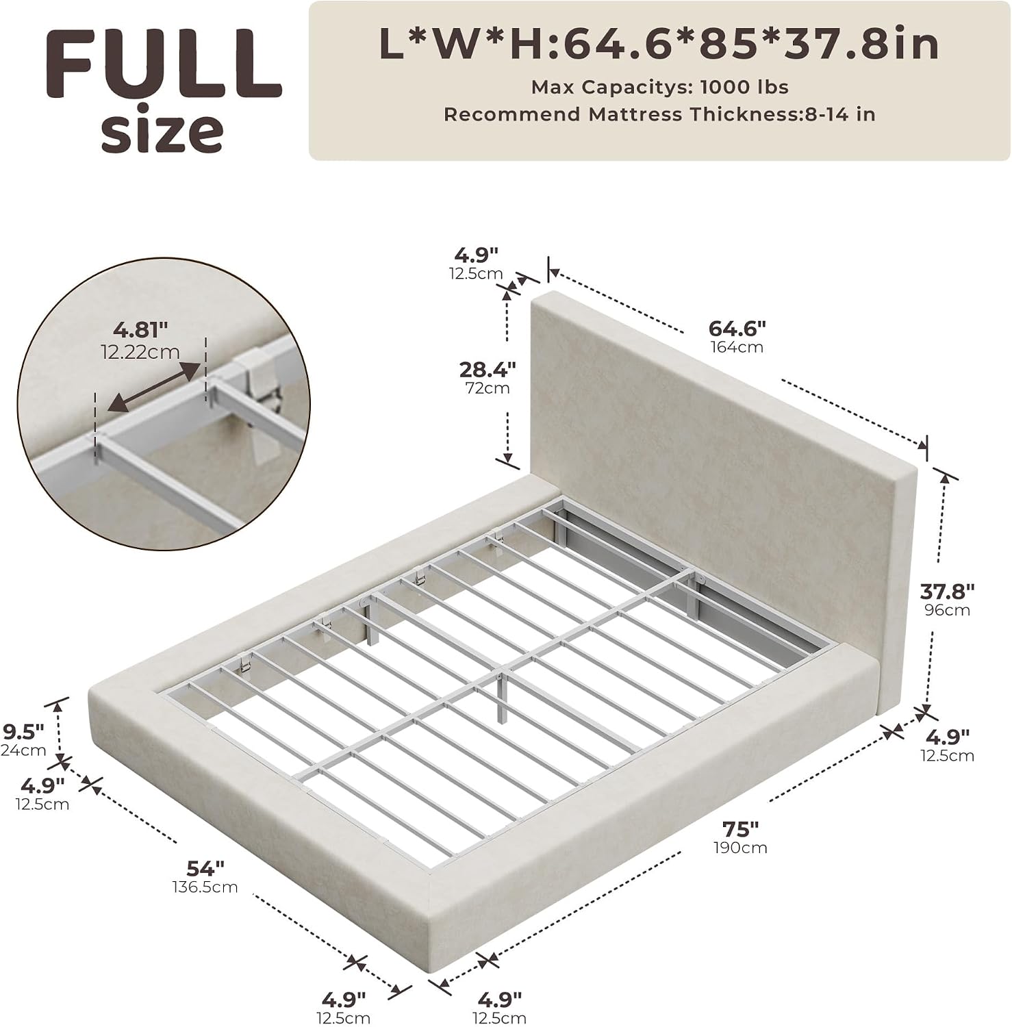 RECCI AirFrame Full Size Bed Frame with Headboard, Cloud Upholstered Platform Bed Frame, 5 Inch Foam Cushioned, No Box Spring, Easy Assembly(Beige Chenille)