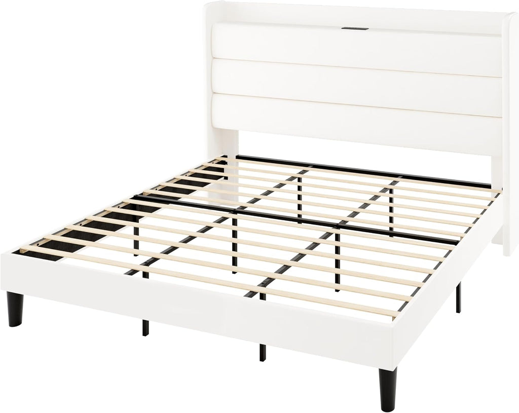 Allewie King Size Upholstered Bed Frame with Charging Station & Storage Headboard, Soft Velvet Wingback Platform Bed, Strong Wooden Slats Support, No Box Spring Needed, Easy Assembly, White