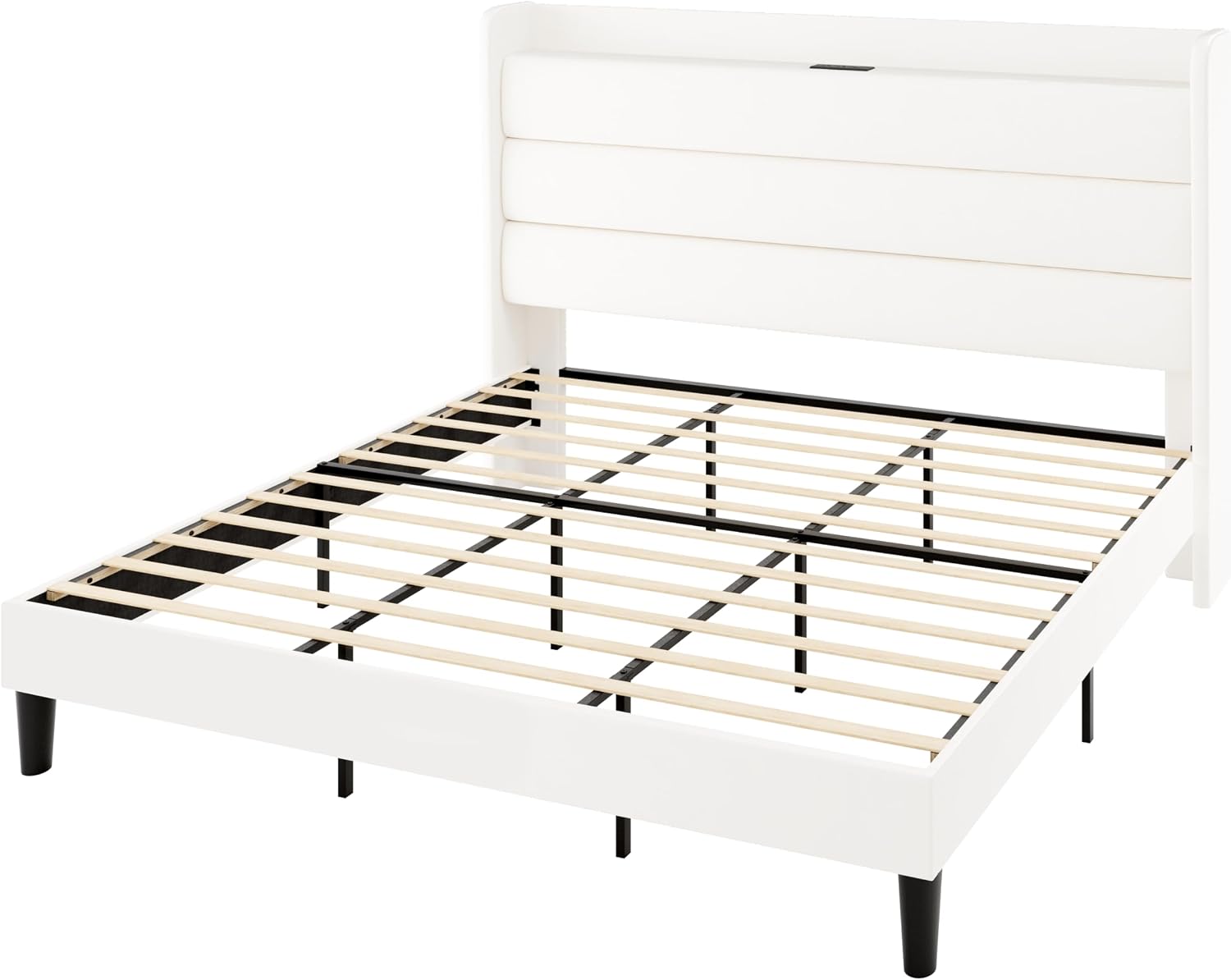 Allewie King Size Upholstered Bed Frame with Charging Station & Storage Headboard, Soft Velvet Wingback Platform Bed, Strong Wooden Slats Support, No Box Spring Needed, Easy Assembly, White