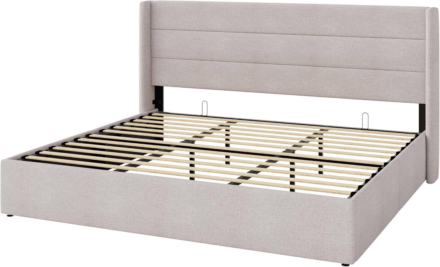 Allewie King Size Lift Up Storage Bed, Modern Wingback Headboard, Hydraulic Support, No Box Spring Needed, Light Beige