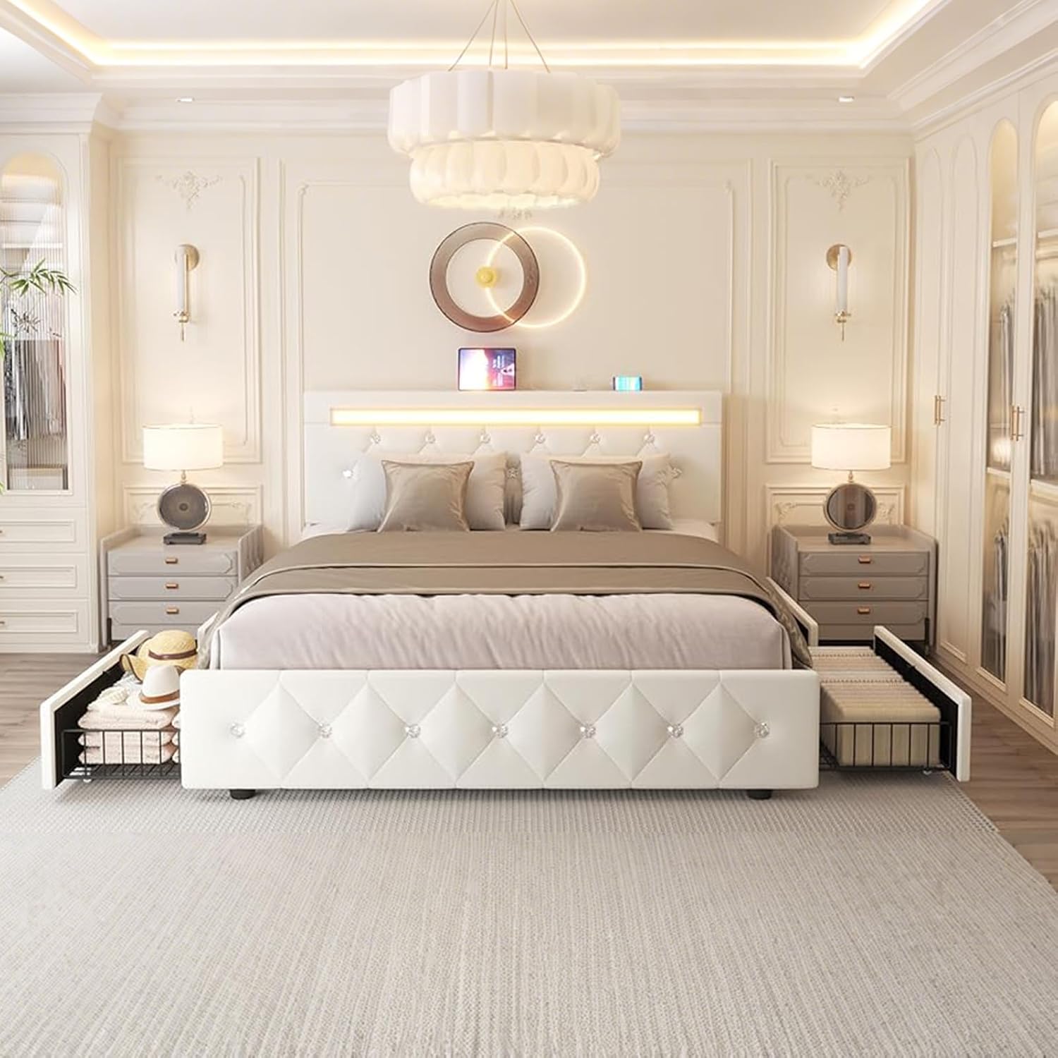 Bed Frame Queen Size with Storage Drawers and LED Light, 2 Sockets and 2 USB Ports, Adjustable Headboard with PU Leather Upholstered, No Box Spring Needed, Wooden Slats Support, White.