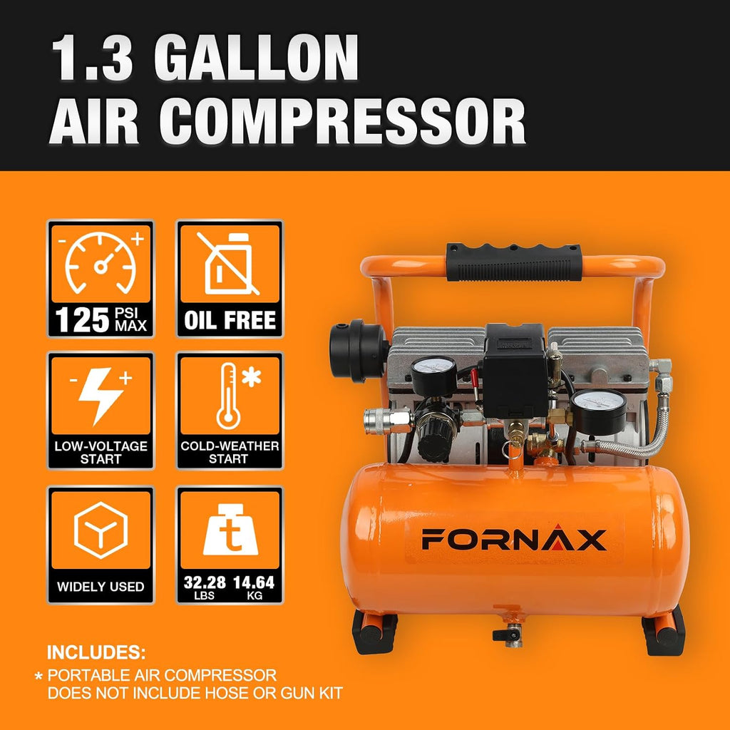 FORNAX Ultra Quiet Air Compressor, 1.3Gallon, 1HP, 65dB Silent Oil-Free Portable Compressor, 125 PSI Max, 120V, for Tire Inflation, Nail Gun, Garage, Bike, Pneumatic Tools