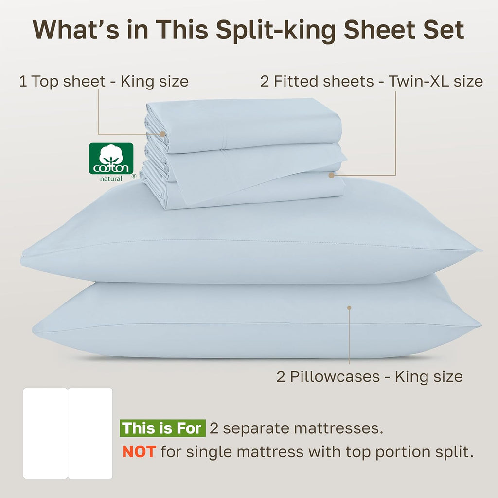California Design Den Split Top King Sheets Sets for Adjustable Bed - Luxury Hotel 800 Thread Count Sateen, Natural 100% Cotton Sheets, Durable Deep Pockets Bedding Set - Blue (Grey Tone)