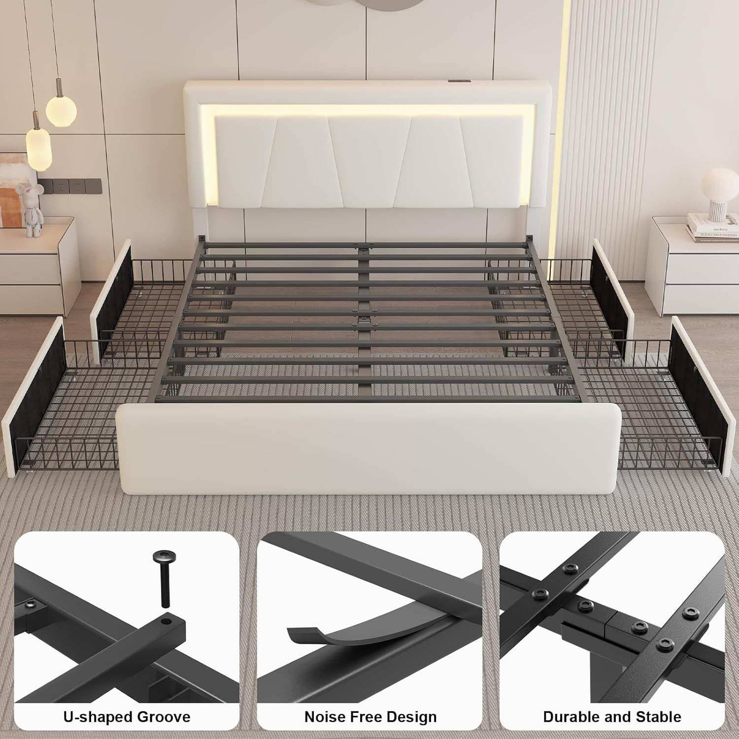 Full Size Bed Frame with 4 Storage Drawers and LED Lights, Upholstered Platform Bed with Adjustable Headboard and Charging Station, Metal Slats Support, No Box Spring Needed,Easy Assembly, White
