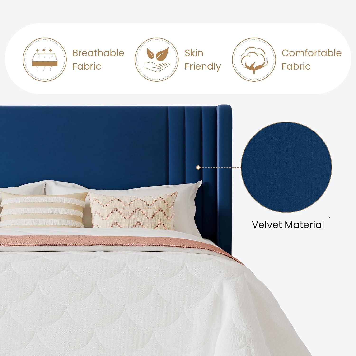 SHA CERLIN Queen Size Velvet Upholstered Platform Bed Frame with Vertical Channel Tufted Wingback Headboard, Wooden Slats Support, Easy Assembly, Under Bed Storage, No Box Spring Required, Blue