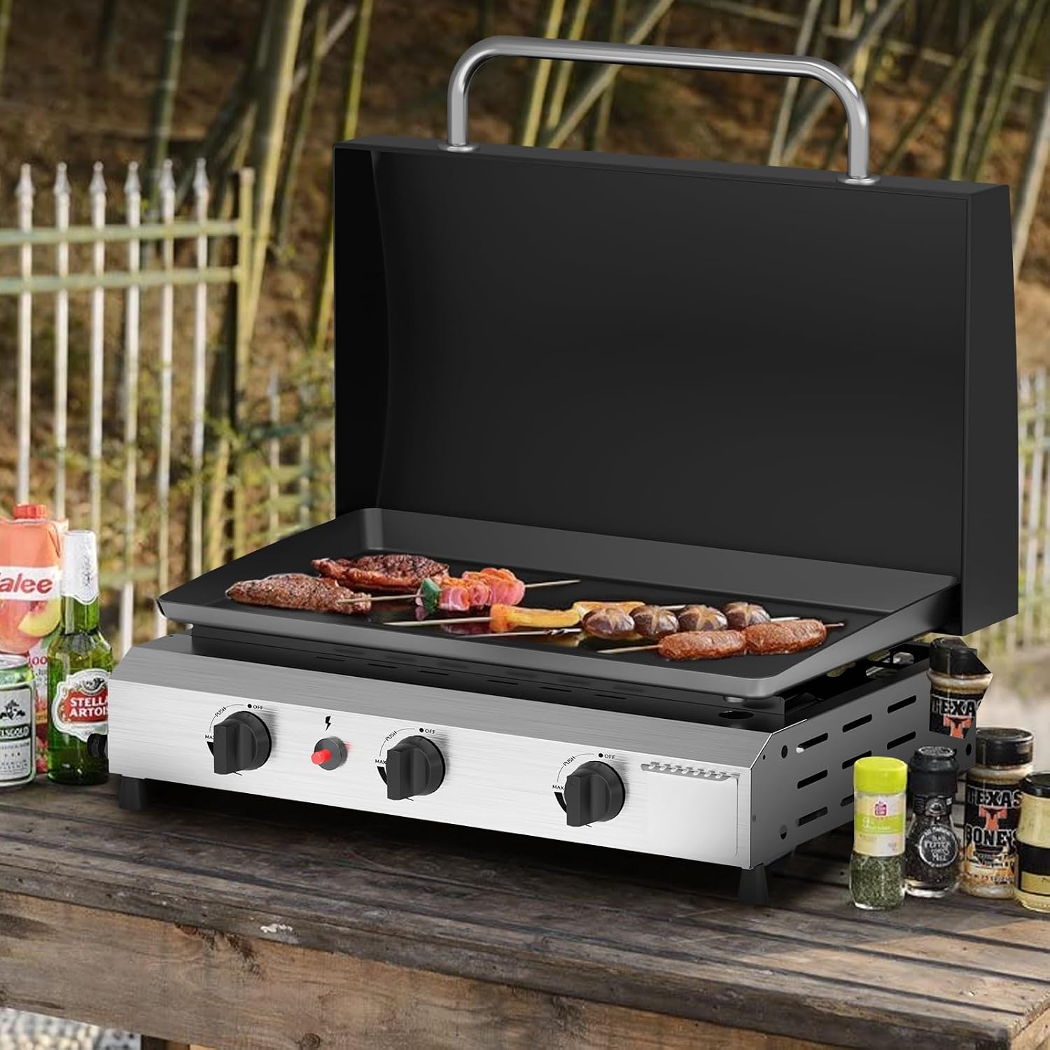 SKOK 3 Burner Gas Griddle with Lid- 25.6 Inch Outdoor Propane Griddle- Portable Flat Top Gas Grill Camping Griddle for Kitchen, Outdoor BBQ, Camping Tailgating or Picnicking