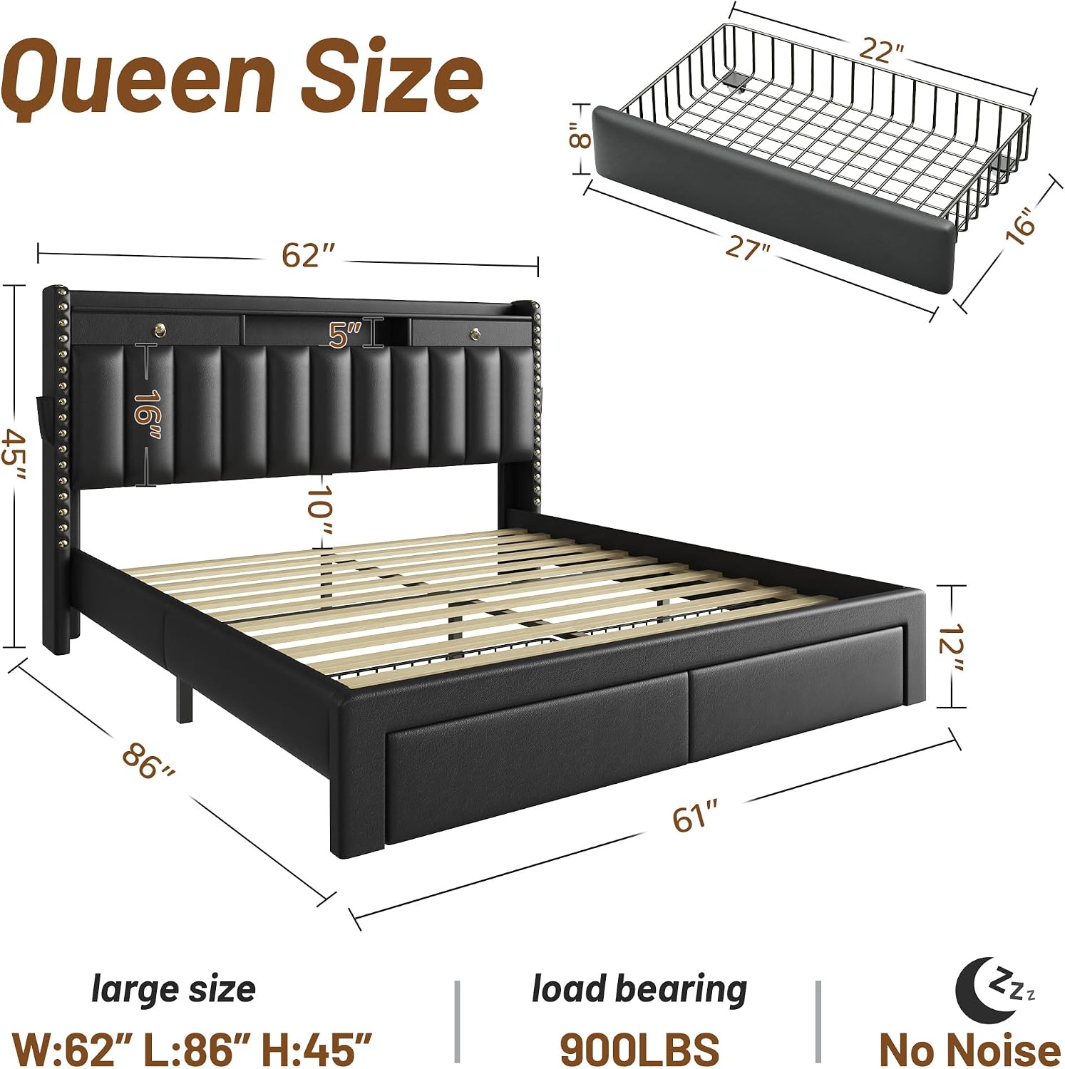 CypBed Queen Bed Frame with Headboard, Upholstered Platform Bed Frame Queen Size with 4 Storage Drawers, 3 USB & Type-C Charging Ports, Solid Wood Slats, No Box Spring Needed, No-Noise, Black,Gifts