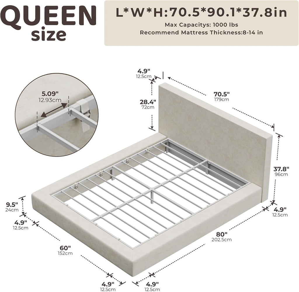 RECCI AirFrame Queen Bed Frame with Headboard, Cloud Upholstered Platform Bed Frame, 5 Inch Foam Cushioned, No Box Spring, Easy Assembly(Beige Chenille)