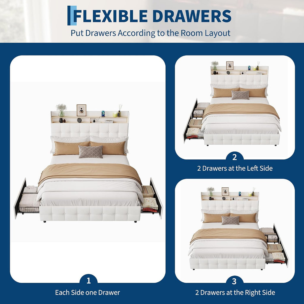 Garvee Full Size Bed Frame with 2 Storage Drawers, Upholstered Bed Frame Full with LED Light, Double-Layer Bedside Headboard with Charging Socket and USB Port, Soft Plush Fabric, White